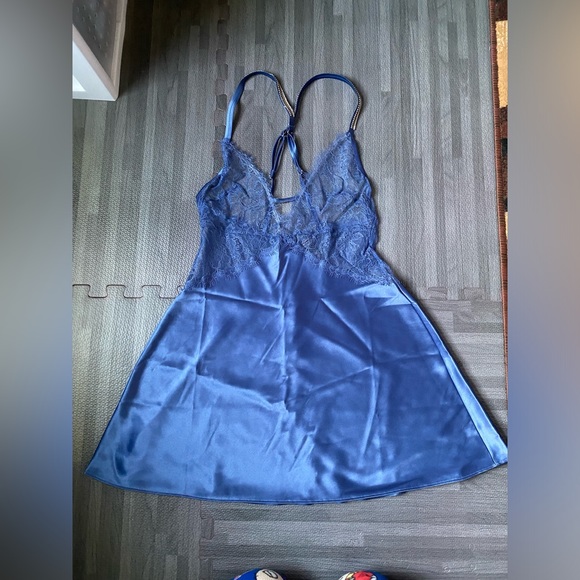 Victoria's Secret Other - NWOT Victoria’s Secret Blue Satin Lace Plunge Slip With Rhinestone Straps